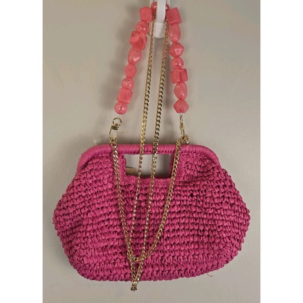 Hot Pink Woven Raffia Handbag Cross Body Chain NEW 12x7" Tropical Resort Coquett - Picture 2 of 9